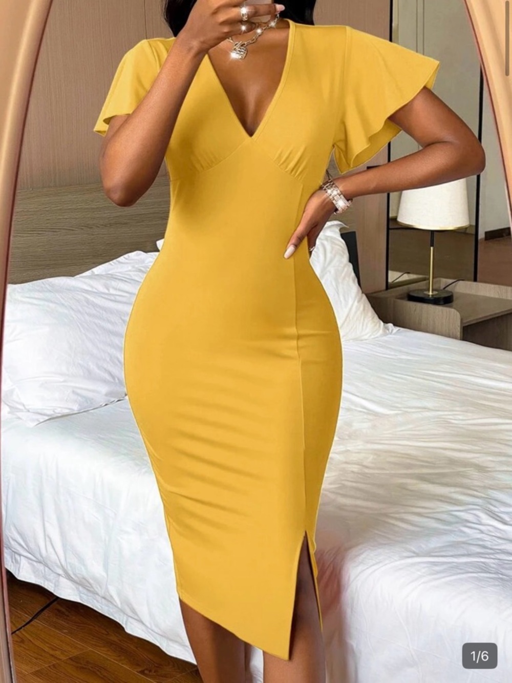 Yellow V‑Neck Midi Dress